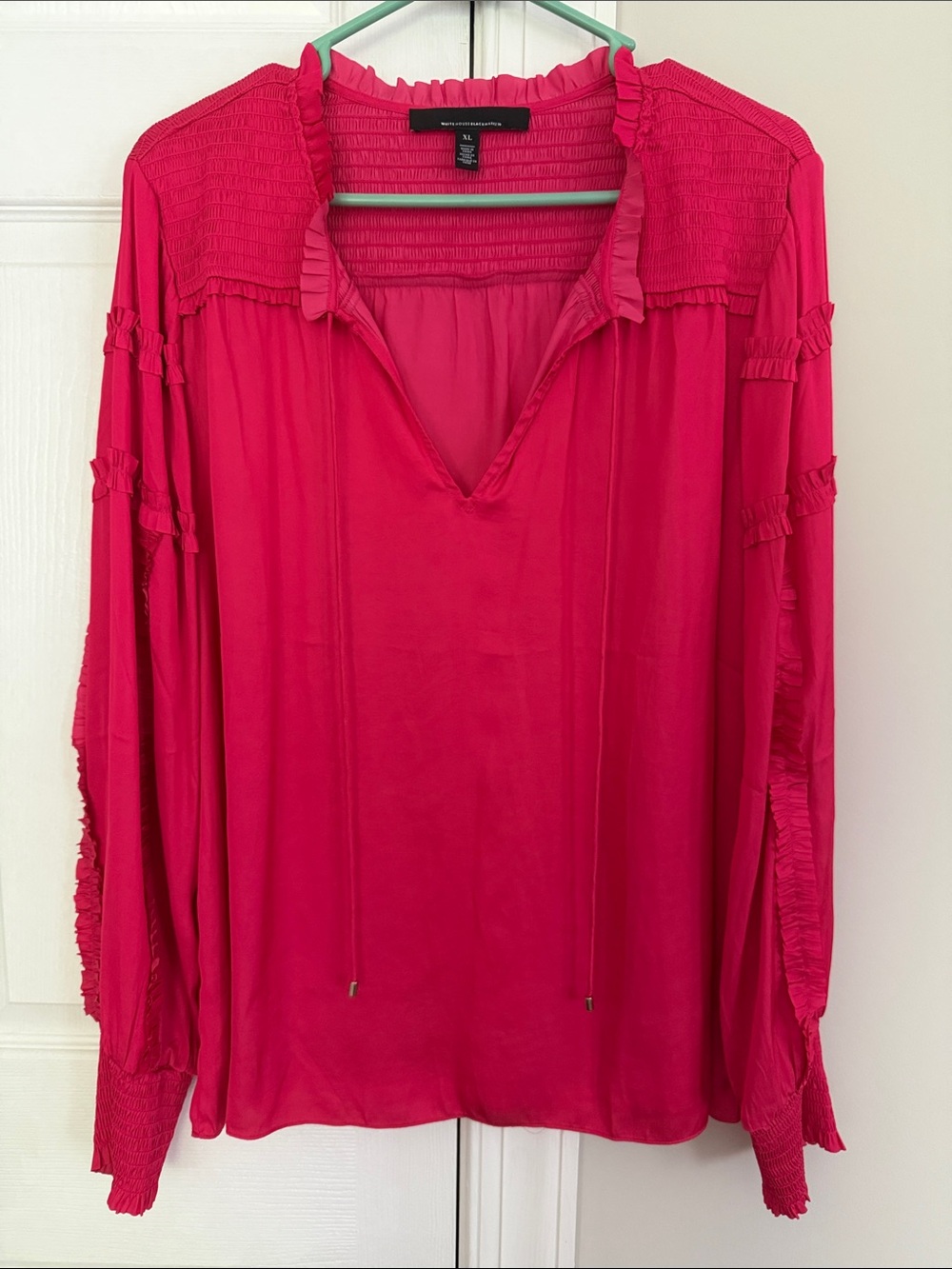 White House Black Market Fuchsia Ruffle-Trim V-Neck Blouse